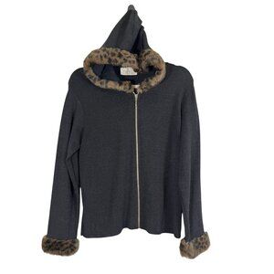 Vintage Faux Fur Hood Sweater Black L Mob Wife Retro Cheetah Animal Print